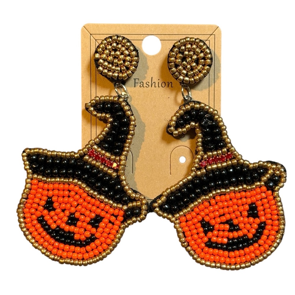 Halloween Earrings Beaded Pumpkin Witch Hat Gold Tone Dangle Drop Seed Bead‎ New